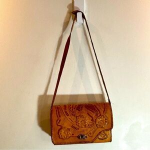 TOOLED  Leather Shoulder Multiple Pockets and Inner Utility Pockets Handmade Bag